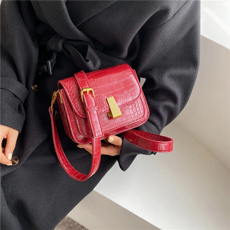 

INS Ultra-Fire Red Small Bag 2019 New Style Korean-style Versitile Fashion Crocodile Pattern Square Sling Bag Crossbody Bag