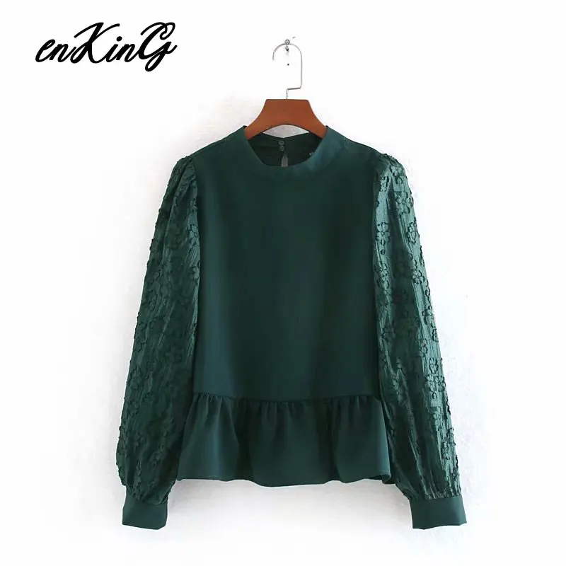 

2019 women casual green spliced blouse patchwork long sleeve pleated female fashion cozy chic tops blusas