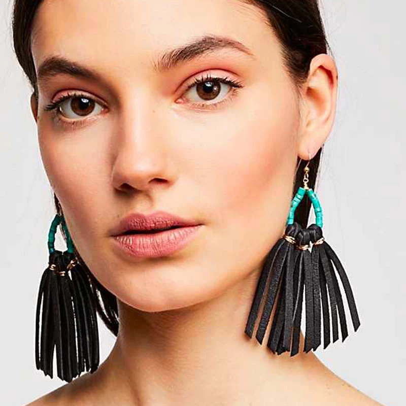 

LUNA CHIAO 2019 Fall Winter new Jewelry BOHO Suede Tassel Drop Earrings Natural Stone Quartz Beaded Statement Earring