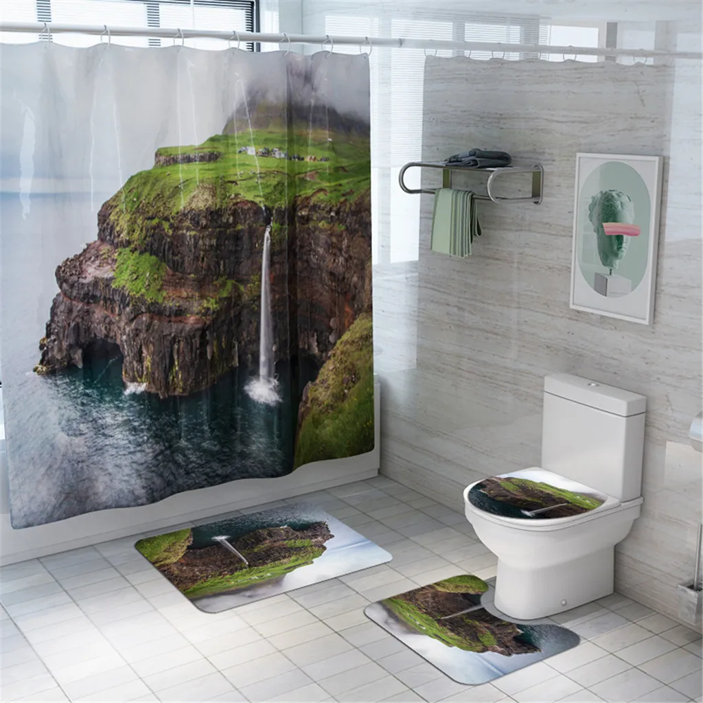 Mountain Landscape Print Shower Bathroom Mat and Shower Curtain Four-Piece Set household accessories for bathroom shower set