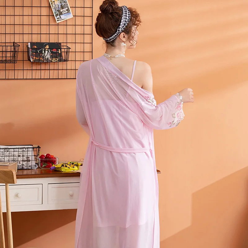 Весенняя и Летняя женская розовая ночная рубашка Мягкий Шифоновый кардиган+ юбка 2 шт сексуальный женский халат для спальни комфортная Свободная Домашняя одежда