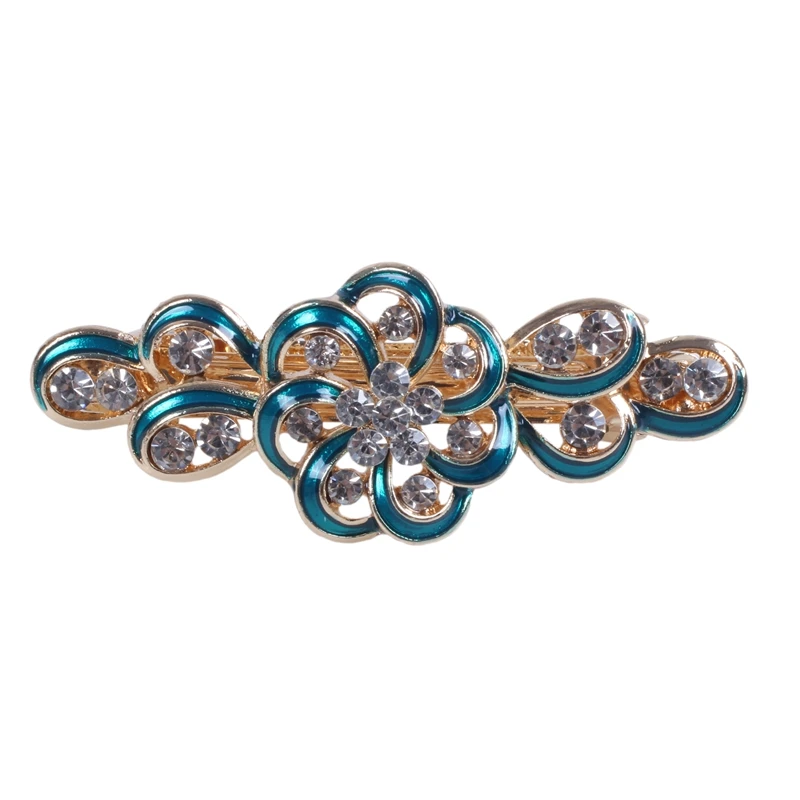 Lady Party Green Flower Design Rhinestone Barrette French Hair Clip