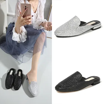 

Women Shoes Silver Glitter Leather Slipper Fashion Women Casual Shoes 2019 Fall Lazy Mule Slipper Loafers Women Flats кроссовки