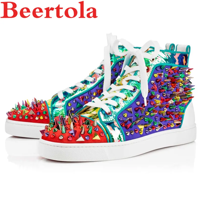 

Suede Leather Patchwork Men's Casual Shoes Colorful Spikes Plant Print Footwear For Men Mixed Color High Top Leisure Style Flats