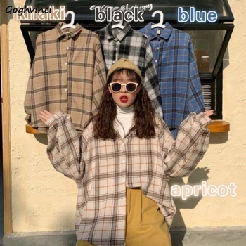 여성용 턴다운 칼라 블라우스 봄 셔츠, 체크무늬 올매치 BF 배트윙 슬리브, 루즈한 아웃웨어, 하라주쿠 여성용, 4 가지 색상, 시크한 신상