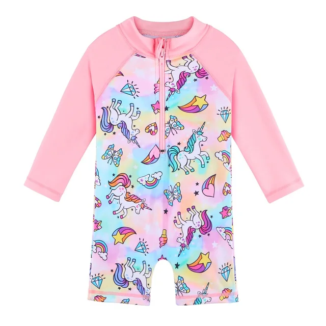 BAOHULU UPF50+ Print Baby Girl Swimsuit Long Sleeve Kids Swimwear One Piece Toddler Infant Bathing Suit for Girls Boys Children S297 Pink