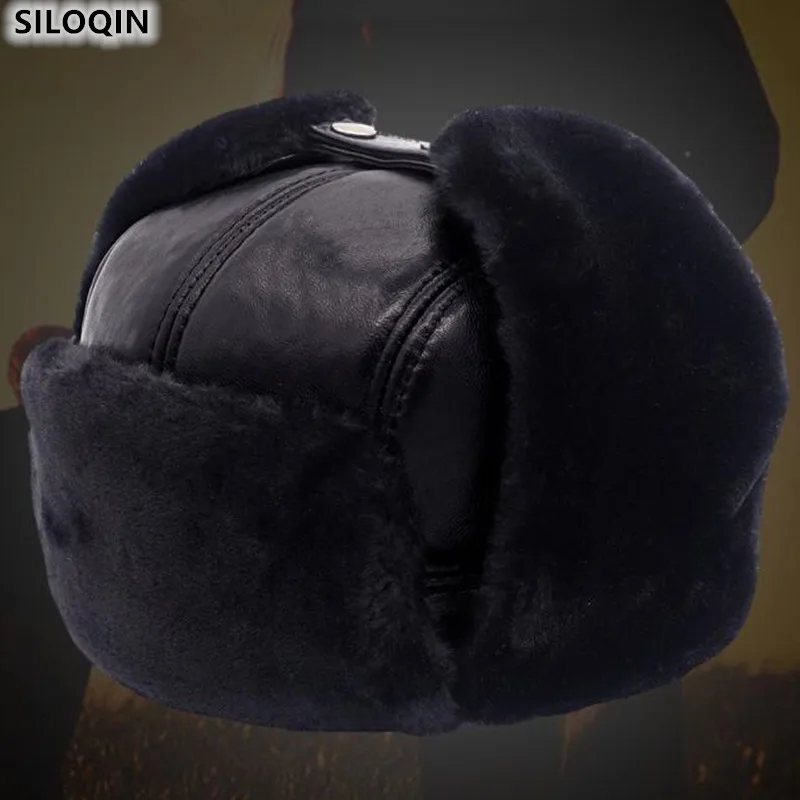 

SILOQIN Men Winter Thicken Thermal Sheepskin Bomber Hats Fashion Velvet Earmuffs Warm Brands Genuine Leather Hat Dad's Cap New