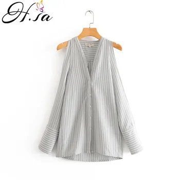 

H.SA Women Summer Blouss V neck Grey Color Off Shouler Blusa and Shirts Vertial Striped Long Sleeve Casual Sr=treetwear Tops