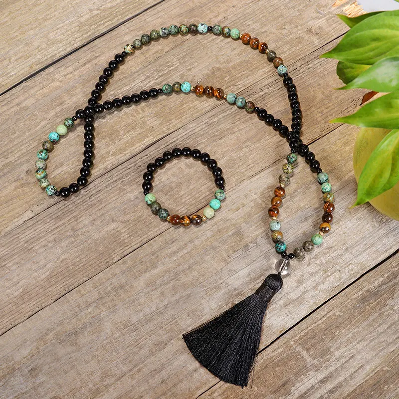 African Turquoise Tassel Necklace Natural Tiger Eye Round Beads Bracelet On Hand Yoga Meditation Jewelry Gift ing