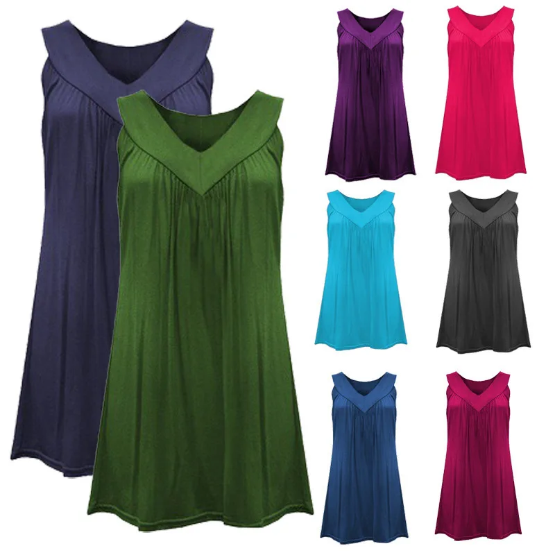 

2018 Europe And America Fashion New Style V-neck Sleeveless Solid Color Dress Multi-color Multi-Code Pleated Tops Women's