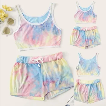 

Women Fashion Casual Color Sleeveless Tank Short Top Lace Up Short Pants Suit