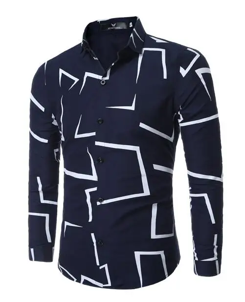 Navy Shirt Men Для мужчин рубашка модный бренд Тонкий геометрический принт повседневные рубашки с длинными рукавами Для мужчин деловая, общественная белый Верхняя часть одежды - Цвет: Navy Shirt Men