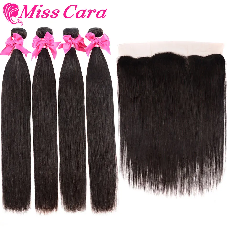 Baratos Mechones de pelo liso peruano con Frontal Miss Cara 100% cabello humano Remy 3 4 mechones con cierre Frontal 13*4 con mechones