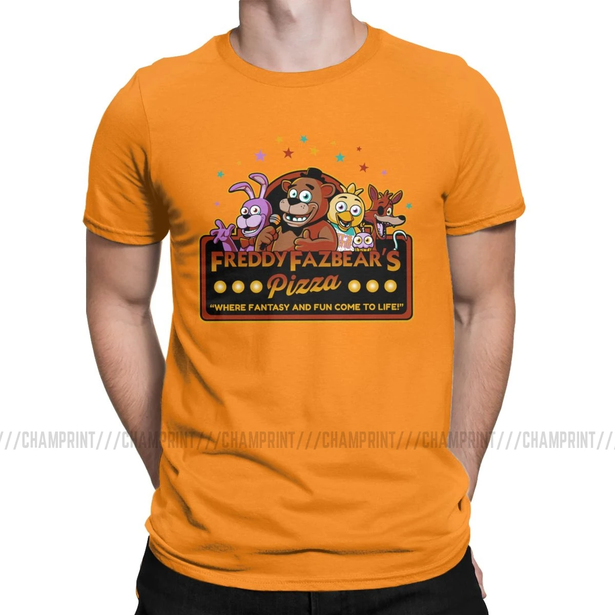Футболка с логотипом Five Nights At Freddy's Freddy Fazbear's Pizza FNAF, мужские футболки для отдыха, футболка с круглым вырезом, Уникальные топы с коротким рукавом - Цвет: Оранжевый