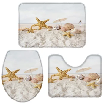 

3 Pieces Bathroom Set Sea Beach Starfish Bath Set Toilet Cover Mat Pedestal Rug Non-Slip Bathroom Rug Set