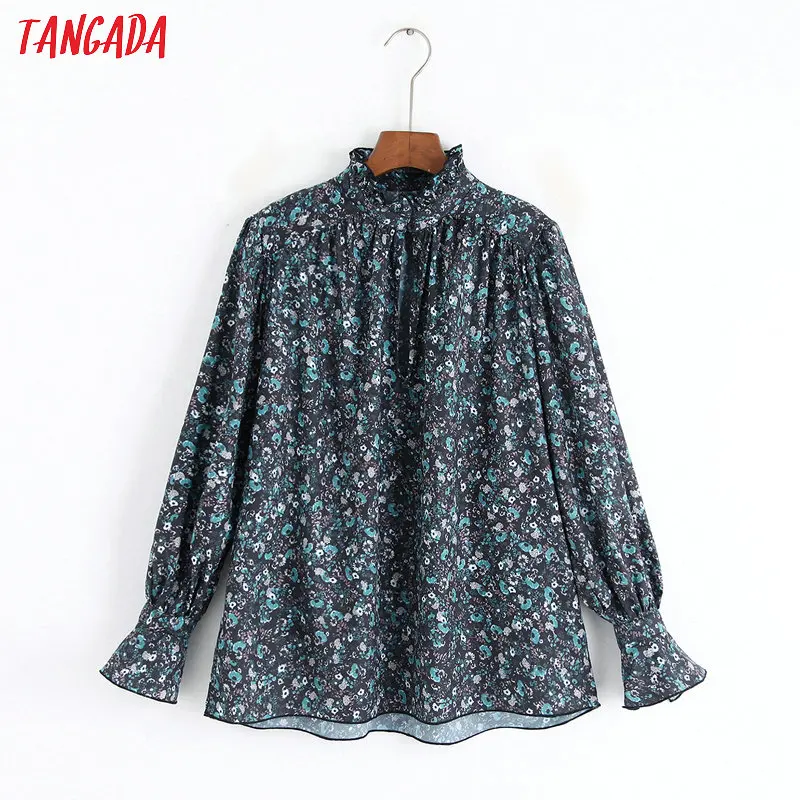 

Tangada women retro blue floral print blouse pleated long sleeve chic female casual loose shirt blusas femininas 6Z30