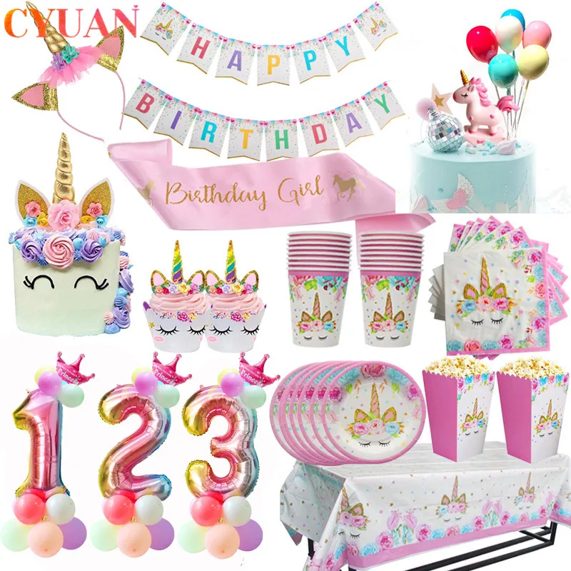 Cake Topper Napkins Tablecloth Banner Paper-Cup Shower-Decorations Unicorn Party-Supplies