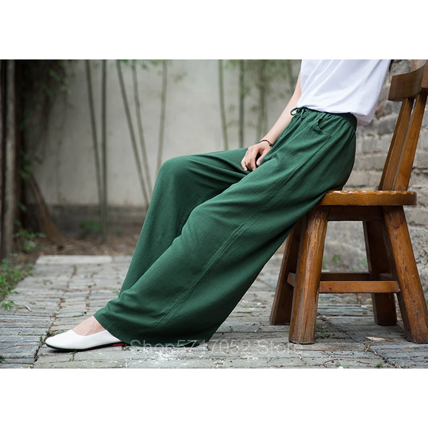 Chinese Pants Kung Fu Cotton Tai Chi Traditional Clothing Women Tang Suit Loose Pants Linen Soft Uniform Pocket Top Yoga Hanfu