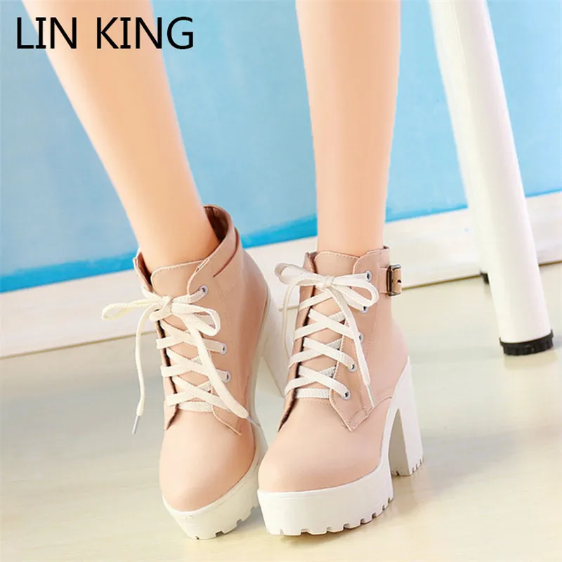 

LIN KING Fashion Pu Women Ankle Boots Warm Plush Woman Round Toe Platform Boots Lace Up High Heel Outdoor Winter Boots Plus Size