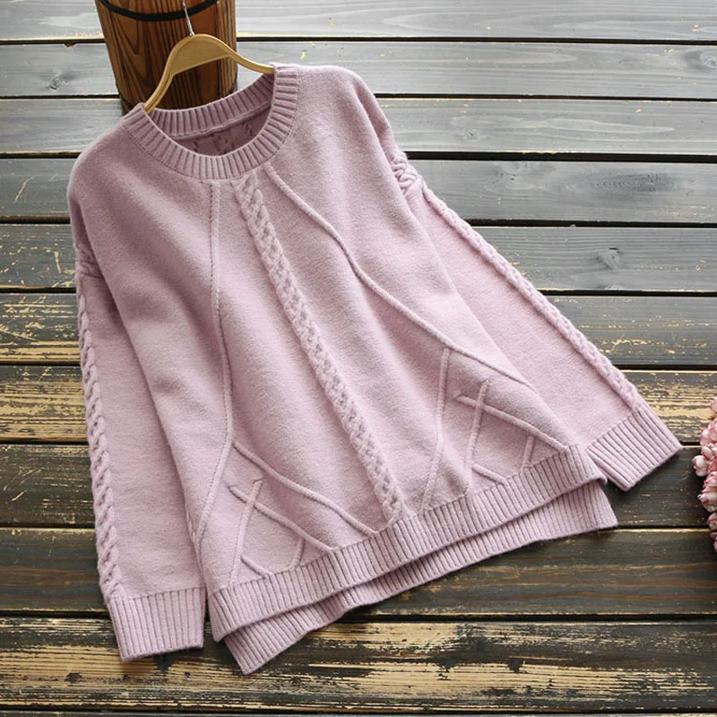 

Designer Twist Knitting Pullovers Long Sleeves Pull Mujer O-Neck Jumper Sweater For Women Loose Solid Pink Casual Outerwear 2019