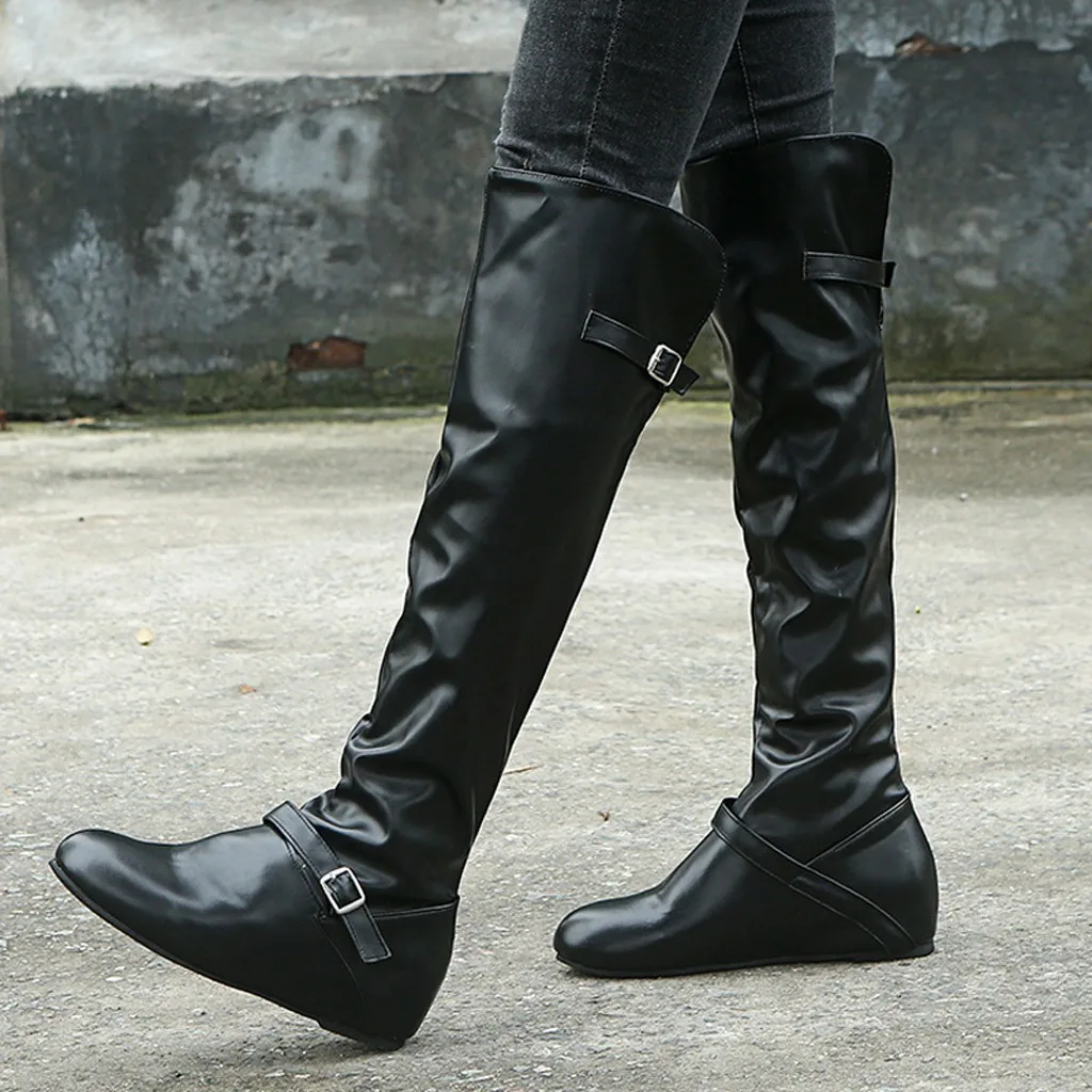 Женские рыцарские сапоги зимние высокие кожаные сапоги для верховой езды Женская стильная обувь на плоской подошве ковбойские высокие сапоги до колена