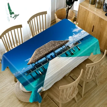

3D Island Resort Pattern Viewing Platform Tablecloth Thicken Cotton Rectangular/Round Table Cloth for Wedding Picnic Party