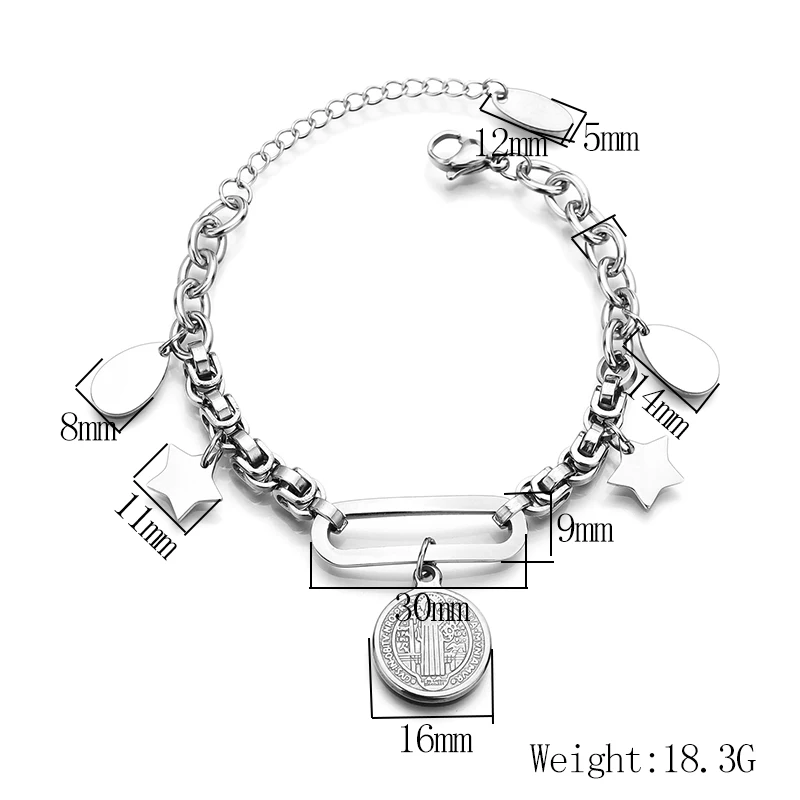 ELSEMODE Stainless Steel Jesus Coin Pendant Bracelet Jewelry Religious Star Bangle For Women Girl Amulet Religion Gift