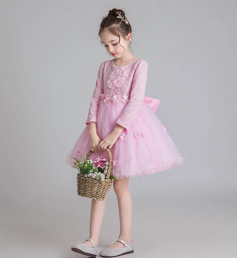 pink Кружевное платье принцессы с цветочным рисунком Одежда для девочек осенне-зимнее платье с длинными рукавами для свадьбы вечернее платье для дня рождения для девочек от 3 до 13 лет - Цвет: pink