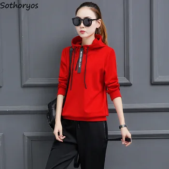 

Women Sets Hooded Solid Simple All-match Korean Style Slim Cotton Pullovers Womens Full Length Straight Leisure Autumn Trousers