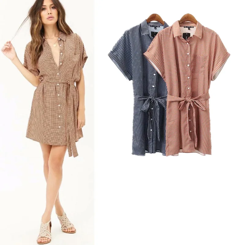 

2018 Summer New European And American Style Pattern Fold-down Collar Single Breasted Shirt Dress Women's Loose-Fit Midi-skirt J8