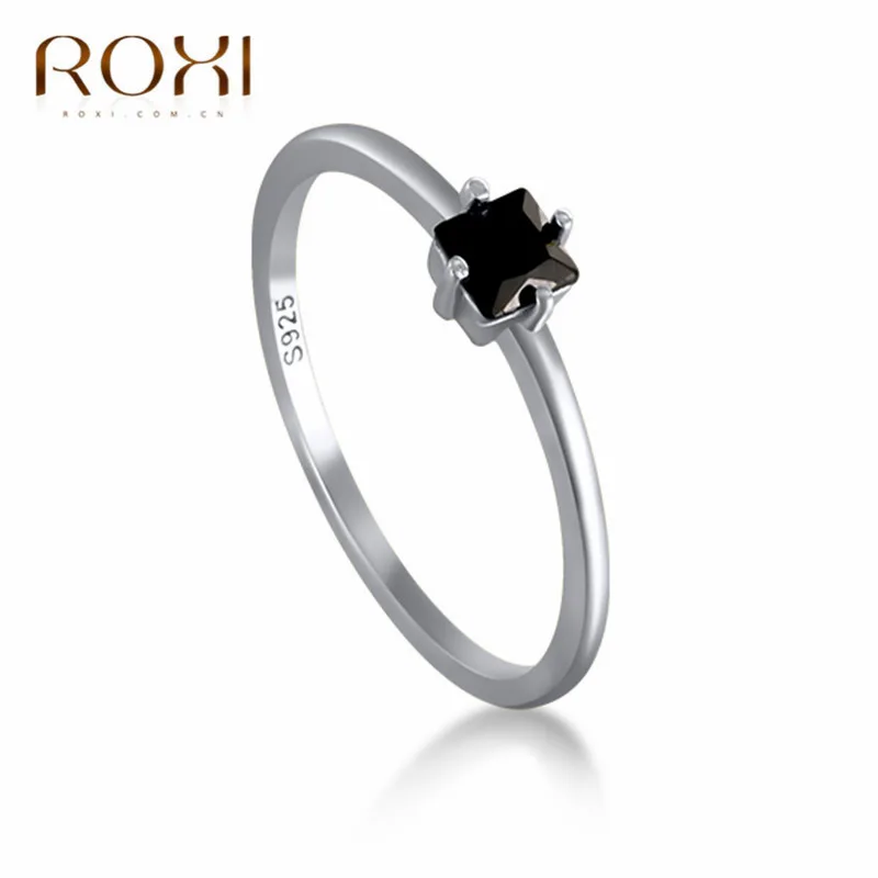 Silver ROXI, 925 пробы, серебряное, квадратное, черное, кристалл, обручальные кольца для женщин, минималистичные тонкие, круглый палец, кольцо, ювелирное изделие, S925 - Цвет основного камня: Silver