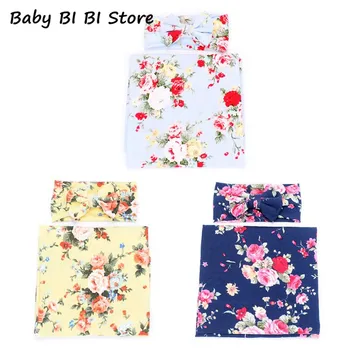 

2 Pcs/set Fashion Baby Bow-knot Hair Band Printed Wrapping Towel Set Kids Infants Headband Swaddle Photography Props