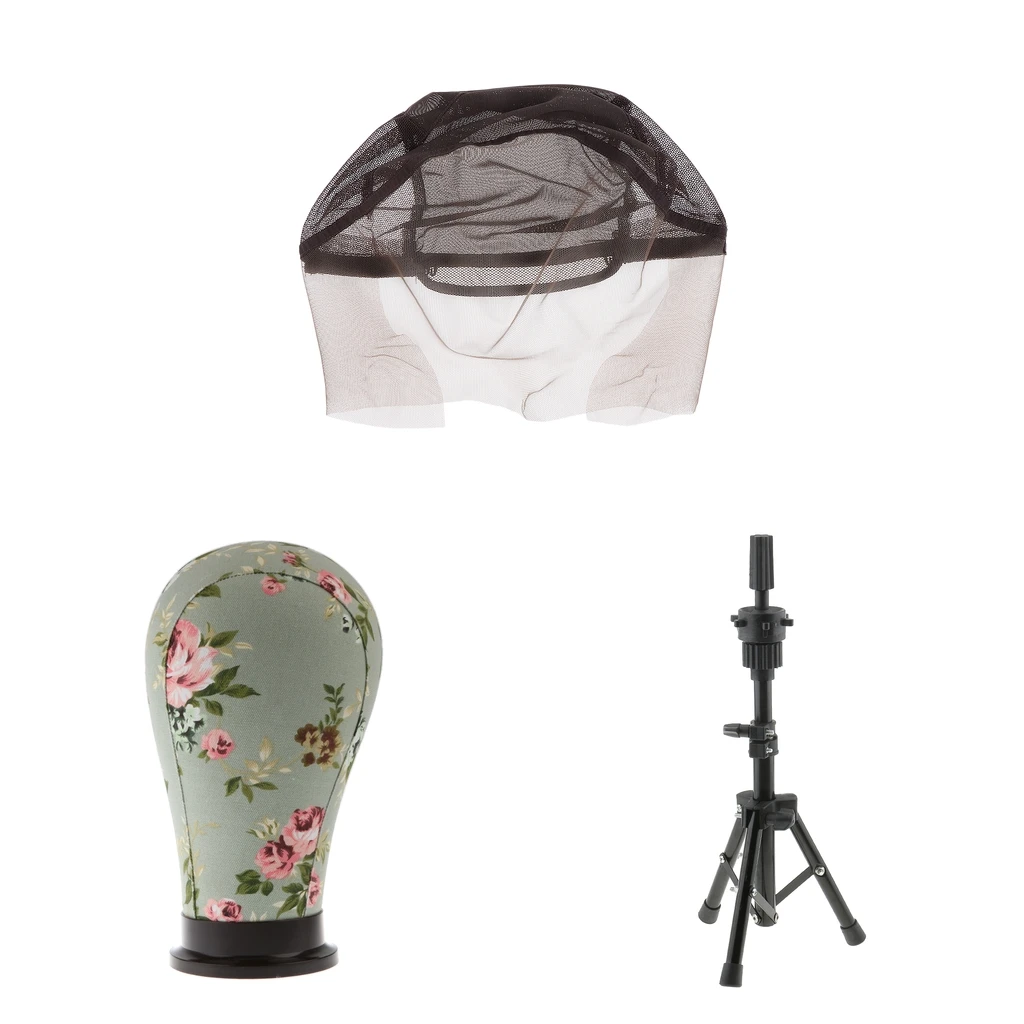 Stretchable Lace Net Canvas Head Cork Block Manikin Model with Tripod Holder Stand for Wig Lace Making Weaving