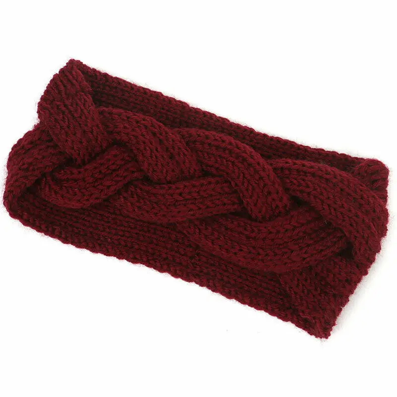 Женская зимняя Симпатичная модная шерстяная вязаная шерстяная повязка на голову с крестиком, однотонная цветная повязка на голову, серый, черный, хаки, фиолетовый - Цвет: Красный