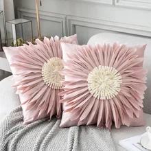 

Modern Style Pink White Throw Pillows 45*45cm Velvet Stitching 3D Chrysanthemum Flowers Cushion Waist Pillow Blue Cushion Case