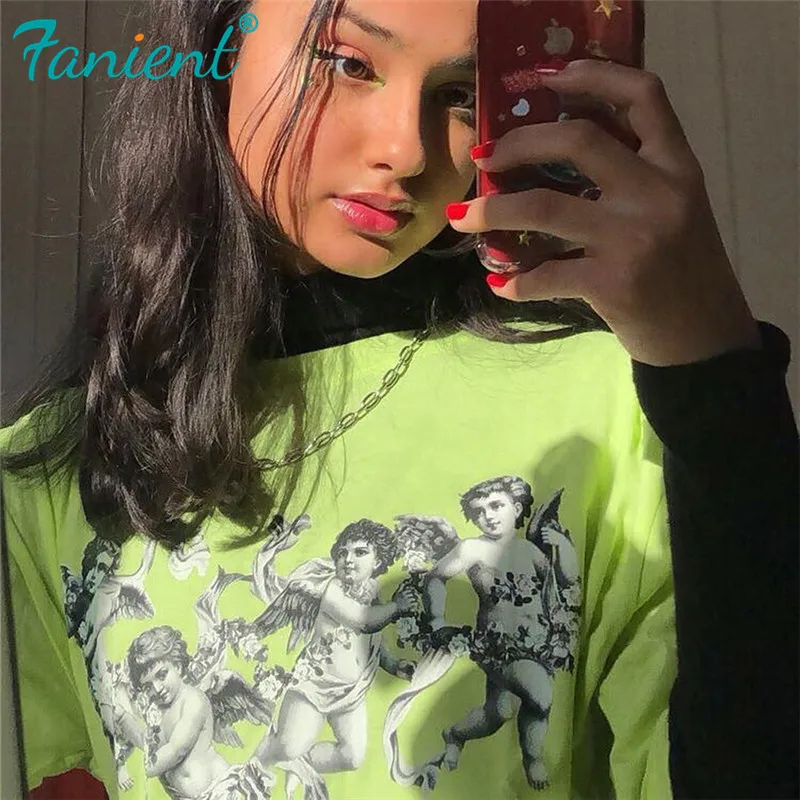 Angel Print Lime Neon Green T Shirt Women Summer Tops 2019 Streetwear Vintage Casual Oversized Graphic Tee Modis Aesthetic | Женская