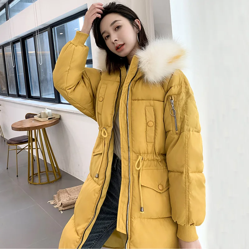Yellow Trytree зимнее женское повседневное пальто с меховым капюшоном на молнии с кулиской на талии и карманом, 4 цвета, пуховик, Свободное длинное толстое пальто для работы - Цвет: Yellow