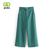 Gplus женские зеленые широкие брюки в полоску с карманами, винтажные штаны с высокой талией, шикарные женские свободные повседневные брюки, брюки C7827