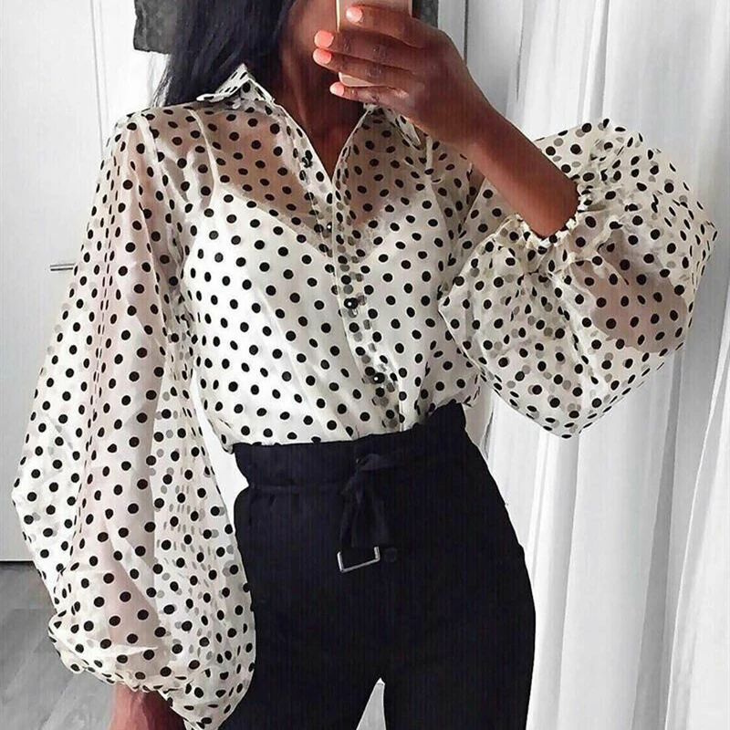 Women Polka Dot Retro Blouse Lady Early Autumn Modern Mesh Shirt Vogue See-through Loose Button Puff Sleeve Blouse High Street Women Polka Dot Retro Blouse Lady Early Autumn Modern Mesh Shirt Vogue See-through Loose Button Puff Sleeve Blouse High Street