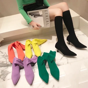 

Candy Colors Elastic Sock Boots Women Slip On Winter Shoes Woman Med Heels Mid Calf Boots Bota Feminina Sexy Botas Mujer 2020