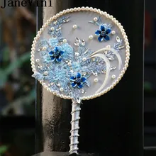JaneVini голубой свадебный веер китайский стиль вышивка перо Свадебный букет с бисером кристалл жемчуг свадебные вентиляторы аксессуары