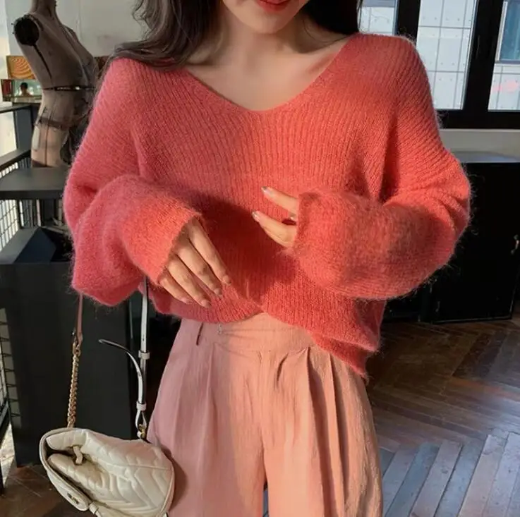 Женский мягкий пуловер из мохера с v-образным вырезом, женский свитер в Корейском стиле, однотонные тонкие пуловеры, Свитера на осень и зиму, вязаные топы Q9089 - Цвет: Розовый