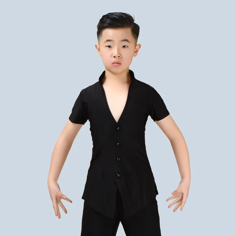 Latin Top Short Sleeve V Collar Boys Rumba Cha Cha Samba Tango Salsa Dancing Shirts Kids Competition Performance Wear