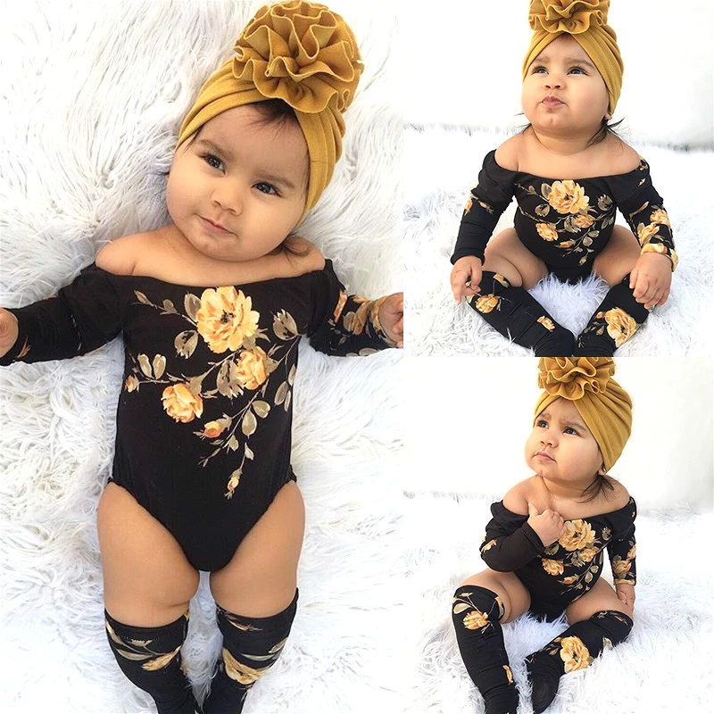 Baby Golden Flower Print Romper 3PCS Newborn Girl Off Shoulder Romper+Leg Warmers Outfit Clothes Set Baby Clothing baby knitted clothing set