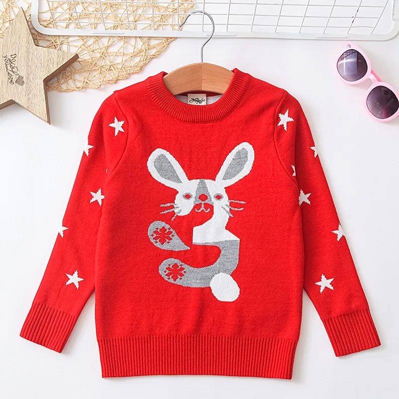 Зимние детские свитера, Новые Вязаные Пуловеры с длинными рукавами для девочек, свитер с круглым вырезом и милым рисунком кролика - Color: 856-1