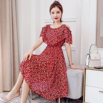 

Elastic Waist Midi Chiffon Dress Women Vintage Spring Summer Print Dresses New Floral Butterfly Sleeve Slim Party Dress Vestidos