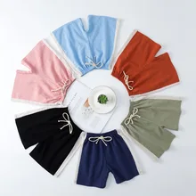 Коллекция года, летние детские тонкие хлопковые льняные шорты однотонные спортивные пляжные шорты на шнуровке повседневные домашние шорты для мужчин и женщин