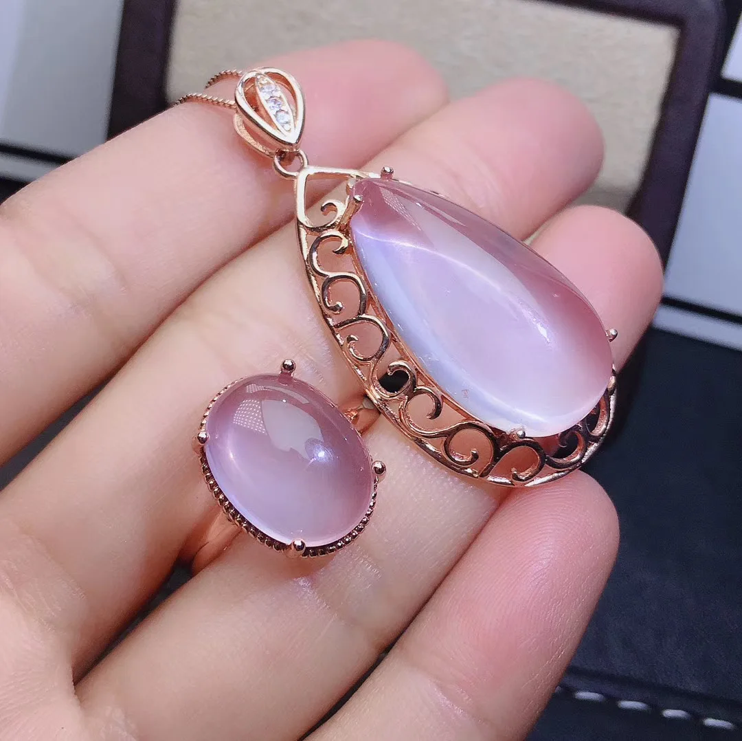 KJJEAXCMY fine jewelry 925 sterling silver inlaid Natural Rose quartz exquisite Necklace Ring Suit Support Detection luxurious