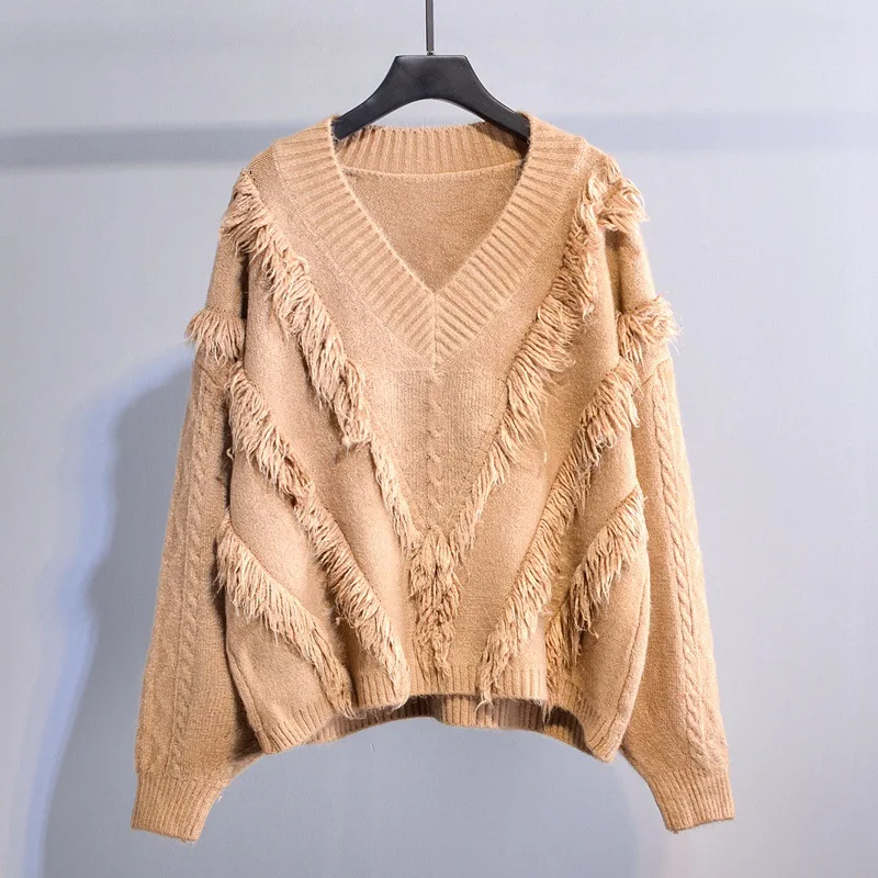 

V-neck tassel sweater 2019 spring and autumn Korean version of lazy windy loose loose sweater women's shirt tide