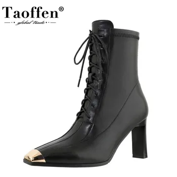 

TAOFFEN Real Leather Women Ankle Boots Thick High Heel Metal Decoration Zipper Shoes Warm Boots Fashion Footwear Size 34-39